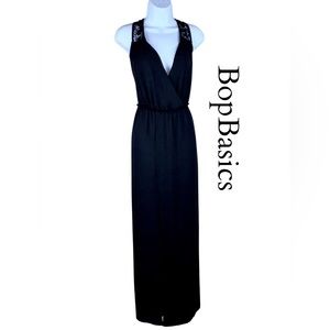 NWT! BopBasics Black Open Back Sleeveless Lace Accent  Maxi Dress  Womens Size L